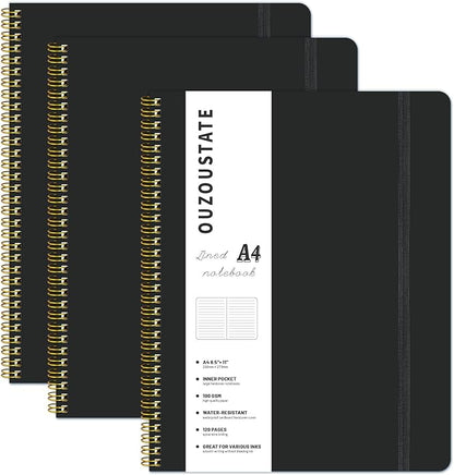 Spiral Notebook 8.5" x 11", A4 Lined Black Hardcover College Ruled Notebook for Work, 120 Pages 100GSM Large Thick Spiral Writing Journal for Women & Men