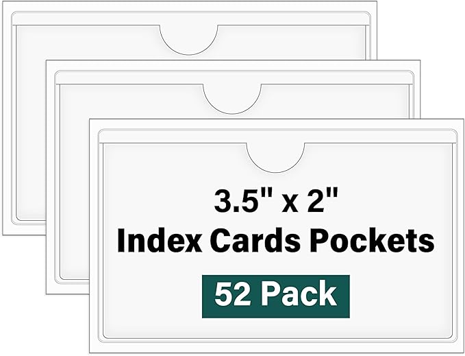 52 Pack Index Card Pockets with Top Open, 3.5 x 2 Inch Adhesive Label Pockets Clear Plastic Index Card Holder for Organizing, Storage Bins, Library Cards, Notes