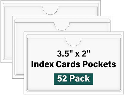 52 Pack Index Card Pockets with Top Open, 3.5 x 2 Inch Adhesive Label Pockets Clear Plastic Index Card Holder for Organizing, Storage Bins, Library Cards, Notes