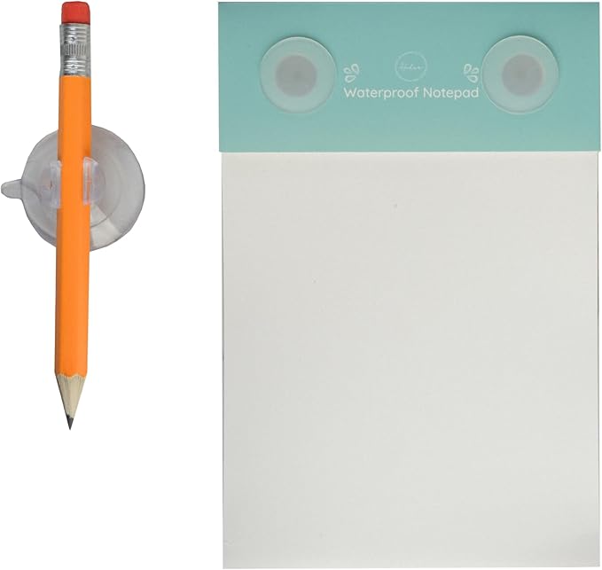 Halsa Waterproof Shower Notepad with Pencil, Sharpener & Suction Cups – 40 Sheets for Waterproof Writing – Capture Ideas in the Shower – Ideal for Bathroom, Office, or Travel