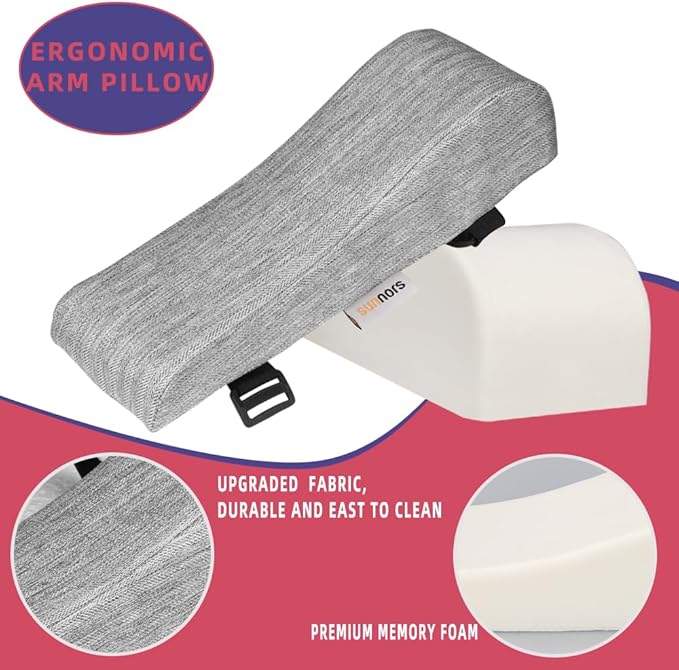 Office Chair Arm Covers with Memory Foam Elbow Pillow for Forearm Pressure Relief, Grey Arm Rest Covers for Office Chairs, Wheelchair, Comfy Gaming Chair