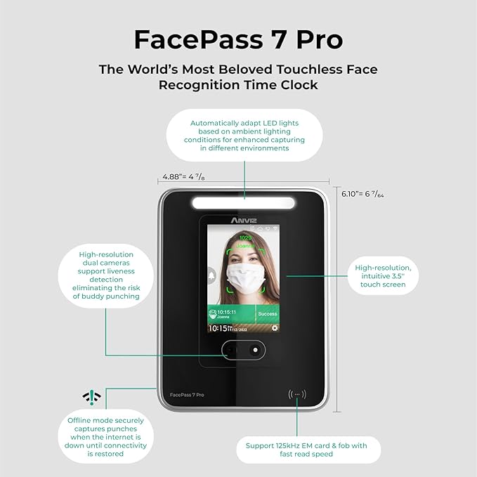 ANVIZ Time Clocks for Employees Small Business - FacePass 7 Pro Biometric Clock in and Out Machine - Face + RFID + Pin Punching in one, Support Door Access, with Professional Cloud Software