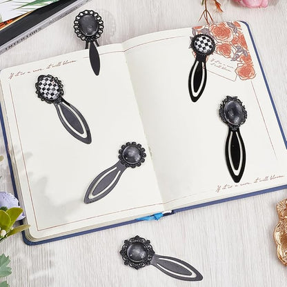 SUNNYCLUE 1 Box 12Pcs DIY 6 Sets Cabochon Bookmark Retro Style Black Metal Bookmarks Blanks Glass Dome Vintage Bookmark Bezel Tray Book Marks Clip Round Oval Clear Cabochons for Bookworm DIY Crafts
