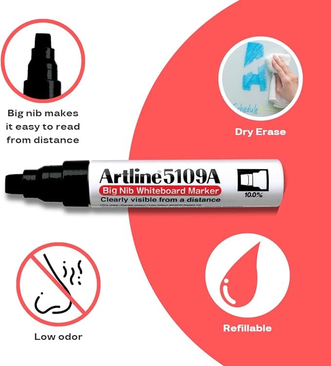 Artline 5109A Magnum White Board Markers Dry Erase with Jumbo Big Nib For Clear, Visible Lettering, Black, Red, Blue, and Green - 4 Pack