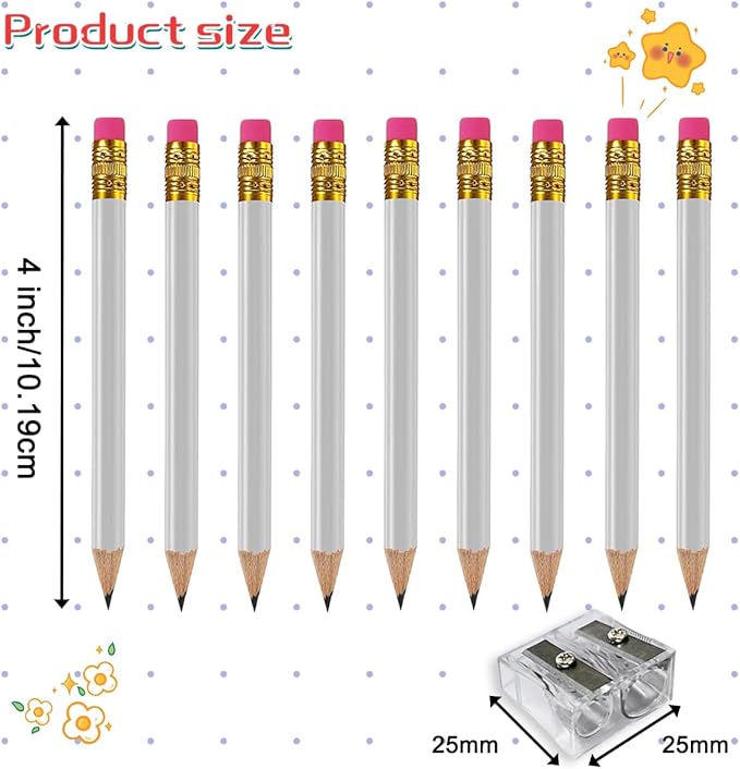 Adhere 50pcs Golf Pencils with Eraser Round Wooden half Pencils Graphite 2B for Golf Event Scoring, Classroom, Wedding, Pew, Pocket | Free Pencil Sharpener (White)