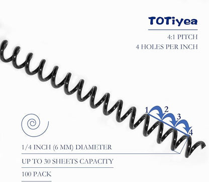 TOTiyea 100 Pack Plastic Spiral Binding Coils,6mm(1/4") Binding Spirals,30 Sheet Capacity,4:1 Pitch,Black