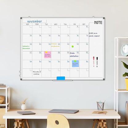 WALGLASS Dry Erase Calendar Whiteboard, 48" x 36" Monthly Large Dry Erase Calendar for Wall, Double-Sided Hanging Calendar White Board with Silver Aluminum Frame for Home, School, Office, Kitchen