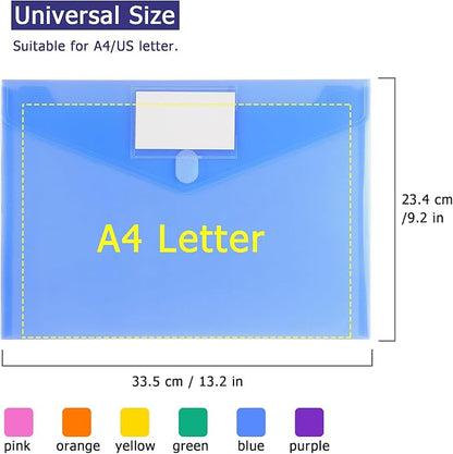 Tamaki 6 Pack Plastic Envelopes Poly Envelope Folder Clear Document Plastic File Folders Organization with Hook & Loop Closure, Letter Size/A4 Size, Envelope Folders for School Office