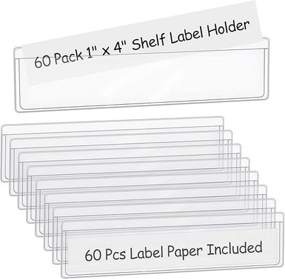 60 Pack 1.2" x 4.3" Self Adhesive Label Holders with 60Pcs Paper Label Inserts, Shelf Tag Label Holder Clear Pockets for Bookshelf Mailbox Shelves Storage Bins