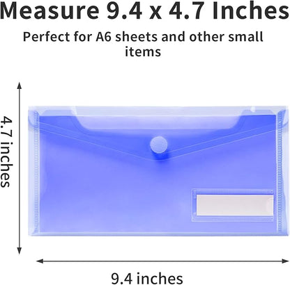 Sooez Small Plastic Envelopes, 12 Pack Plastic Pouch with Label Pocket, Pencil Pouch, Reusable Envelopes,Pencil Case Bulk, Money Envelopes, 9.4 x 4.7 Inches