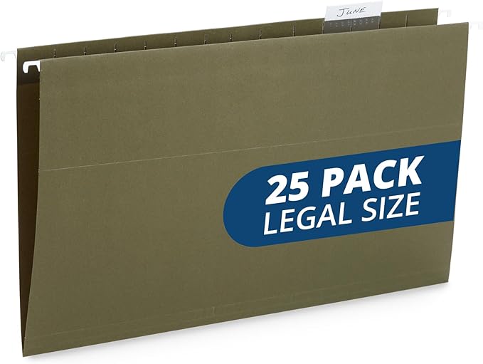 25 Blue Summit Supplies Legal Size Hanging File Folders – Standard Green Hanging File Folders Legal Size, Durable 12pt Paper with Plastic Tab and Paper Inserts Included