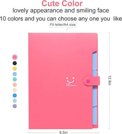 Forvencer Accordion File Organizer, Letter Size, 5 Pocket Expanding File Folder, Cute File Folder with Labels, Portable File Organizer for School Office Supplies, Folders for Documents, Fuchsia