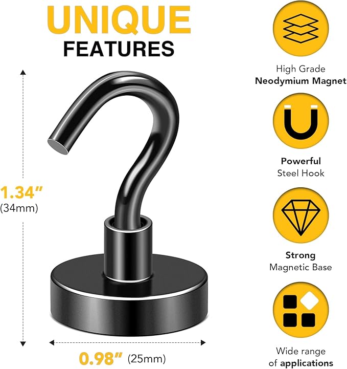 DIYMAG Black Magnetic Hooks, 80 LB Heavy Duty Strong Magnet with Hooks, Strong Rare Earth Neodymium Magnet Hooks for Hanging, Magnetic Hanger for Curtain, Home, Kitchen, Workplace, 20 Packs