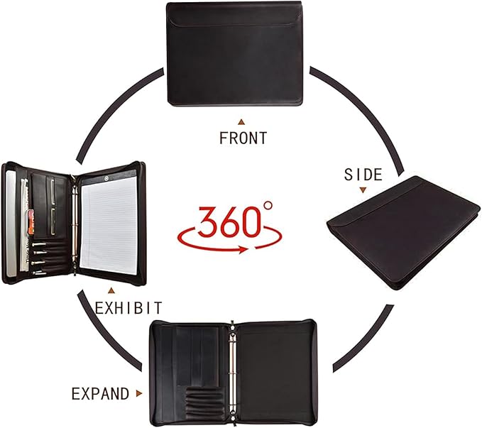 Padfolio Binder- A4 Letter Size 3-Ring Binder, Leather Portfolio Folder Organizer Deep Brown Crazy Horse Leather with Free Name Engraving. Includes Business Card Holder and Letter-Sized Writing Pad.