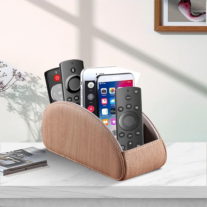 All-in-One Leather TV Remote Control Holder with 5 Compartments Nightstand Desktop Air Conditioner Media Player Remote Caddy Storage Box Organizer Tray For Makeup Brush Pen Stationary Table Controller
