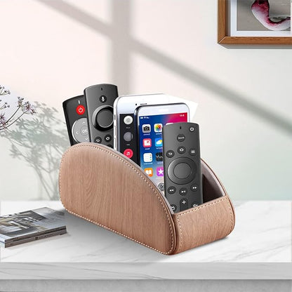 All-in-One Leather TV Remote Control Holder with 5 Compartments Nightstand Desktop Air Conditioner Media Player Remote Caddy Storage Box Organizer Tray For Makeup Brush Pen Stationary Table Controller