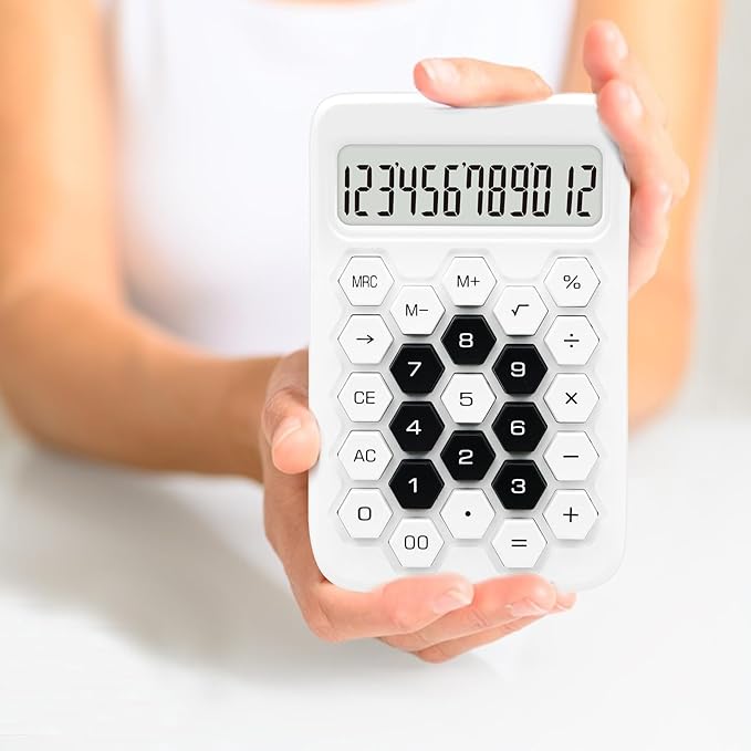 White Calculator, Standard Calculator,12 Digit Large LCD Display,Basic Office Calculator with Hexagonal Button,White Office Supplies and Desk Accessories,Gifts for Coworkers