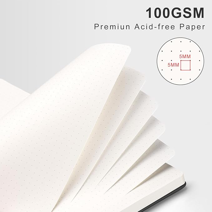 AHGXG Bullet Dotted Journal Spiral Notebook, Hardcover Leather Dotted Notebook 140 Pages, A5 Dot Grid Paper Notebook, 100 gsm Thick Paper, for Bullet Journaling, 5.7" x 8.3", Black