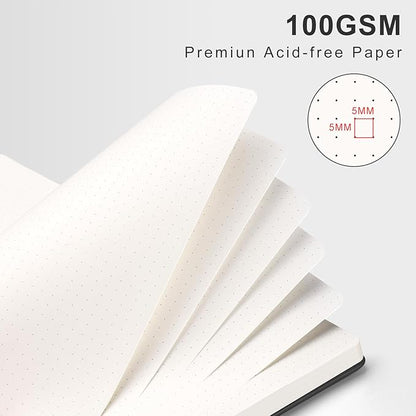 AHGXG Bullet Dotted Journal Spiral Notebook, Hardcover Leather Dotted Notebook 140 Pages, A5 Dot Grid Paper Notebook, 100 gsm Thick Paper, for Bullet Journaling, 5.7" x 8.3", Black