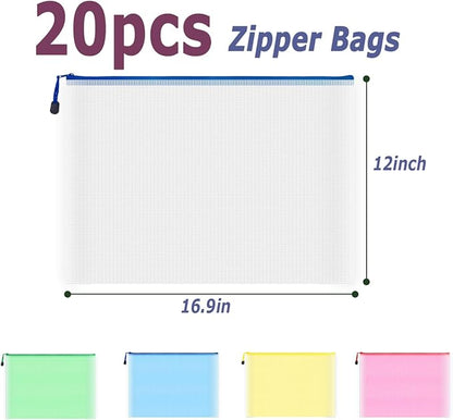AUSTARK 20 Pcs Zipper File Bags, Plastic Mesh Pouch, Board Game Storage, Waterproof for Office School (A3 Size 16.9''x12'', Multicolored)