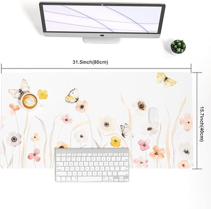 Colorful Star Large Desk Mat, Watercolor Floral Mouse PadOffice Supplies, Waterproof PU Leather Gaming Mousepad for Women Girls, Butterflies Desk Pad Home Office Decor Desk Accessories 31.5" x 15.7"