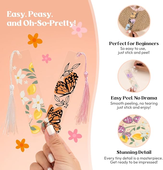 48PCS Bookmark Making Kit, 24 Acrylic Bookmark Blanks with 24Pcs Tassels, 24 UV Stickers about Fruit Theme, DIY Blank Bookmarks Waterproof UV DTF Transfers Stickers for Clear Bookmarks DIY Projects