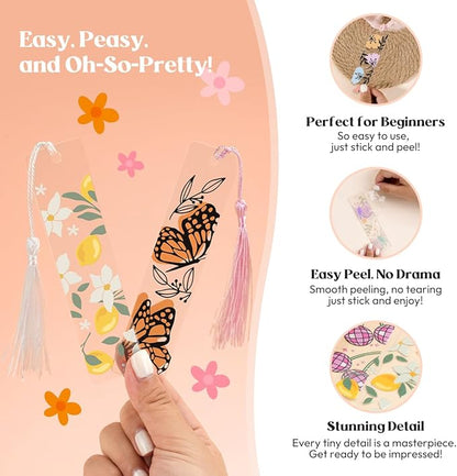 48PCS Bookmark Making Kit, 24 Acrylic Bookmark Blanks with 24Pcs Tassels, 24 UV Stickers about Fruit Theme, DIY Blank Bookmarks Waterproof UV DTF Transfers Stickers for Clear Bookmarks DIY Projects