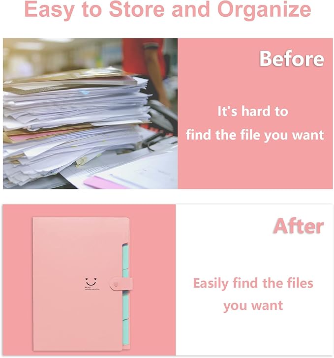 Forvencer Accordion File Organizer, Letter Size, 5 Pocket Expanding File Folder, Cute File Folder with Labels, Portable File Organizer for School Office Supplies, Folders for Documents, Pink