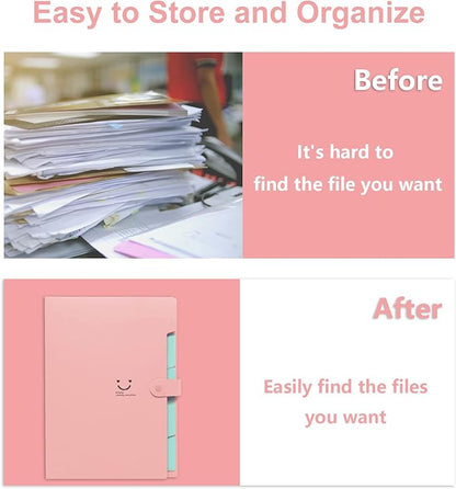 Forvencer Accordion File Organizer, Letter Size, 5 Pocket Expanding File Folder, Cute File Folder with Labels, Portable File Organizer for School Office Supplies, Folders for Documents, Pink