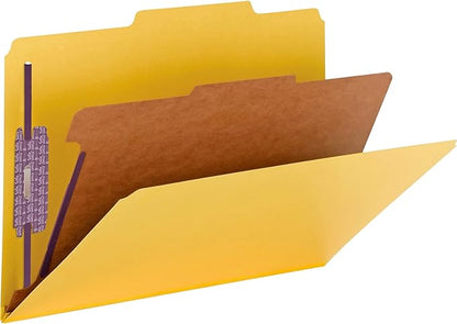 Smead Pressboard Classification File Folder with SafeSHIELD Fasteners, 1 Divider, 2" Expansion, Legal Size, Yellow, 10 per Box (18734)