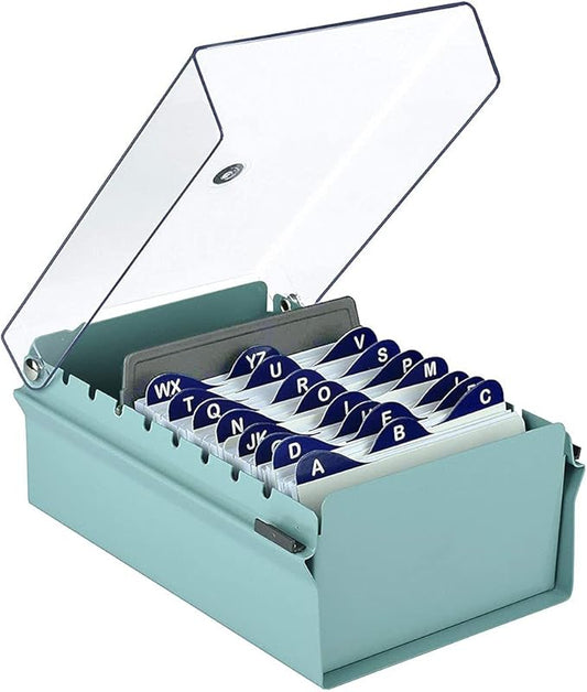 Acrimet 3 x 5 Card File Holder Organizer Box Metal Base Heavy Duty (AZ Index Cards and Divider Included) (Green Color with Clear Crystal Plastic Lid Cover)