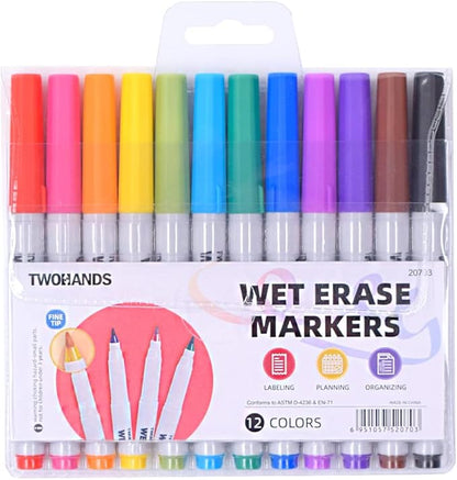 TWOHANDS Wet Erase Markers Ultra Fine Tip,0.7mm,Low Odor,Extra Fine Point,12 Assorted Colors,Whiteboard Markers for Office,Home,or Planning Dry Erase Board,20703