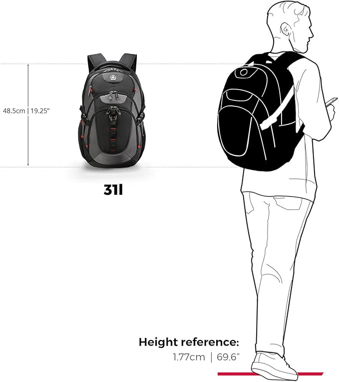 Swissdigital Design Large Business Laptop Backpack with Smart USB Charging Port, Travel Backpack Fits 15.6 inches laptops, Water Repellent College Backpack for Men Women (VECTOR SD803-02 Black/Grey)