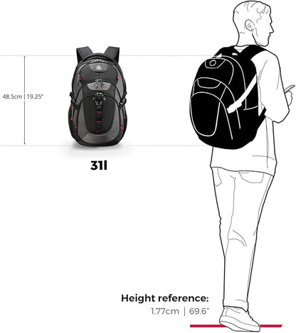 Swissdigital Design Large Business Laptop Backpack with Smart USB Charging Port, Travel Backpack Fits 15.6 inches laptops, Water Repellent College Backpack for Men Women (VECTOR SD803-02 Black/Grey)