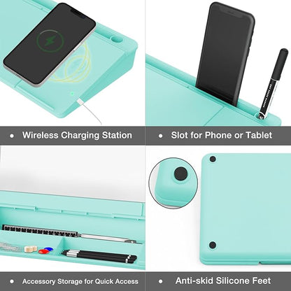 TOWON Desktop Glass Whiteboard with Charger Pad, Whiteboard for Desk with Charging Station, Desk Buddy Dry Erase with Charger for Home Office, Dry Erase Computer Desk Notepad, Teal Blue, 17 x 6 in