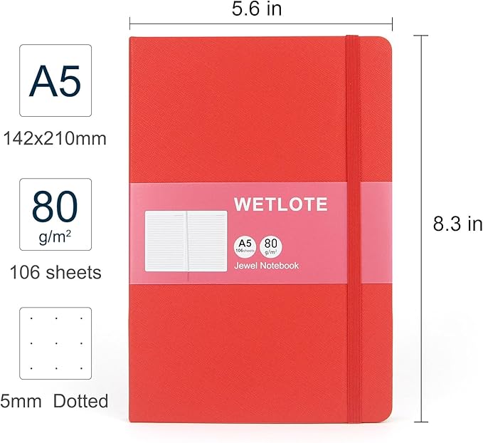 Dot Matrix Hardcopy Notebook - 5"x8"- Sourced from sustainable and excellent quality paper, minimalist, natural, portable and flexible design, good helper for study and record keeping, suitable for office, school and many other occasions(Red)