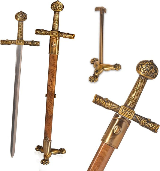 11“ Metal Stainless Steel Letter Opener Sword with Stand,Medieval Vintage Gold Handle,Mini Sword,Lightweight Hand Envelope Slitter,Special Gift