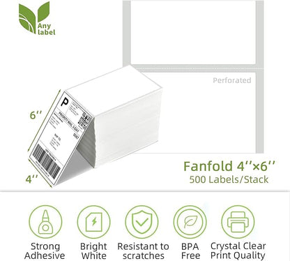 8 Stacks 4" x 6" Fanfold Direct Thermal Labels, Mailing Postage Shipping Label with Perforated, Compatible with Zebra, Rollo, MUNBYN, NELKO Label Printer(500 Labels/Stack, Total 2000 Labels)