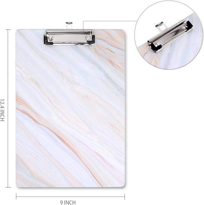 WAVEYU Marble Hardboard Office Clipboard, Decorative Clipboard with Low Profile Clip Chic Designed for Students Classroom School and Office Use, White (12.5"x9")