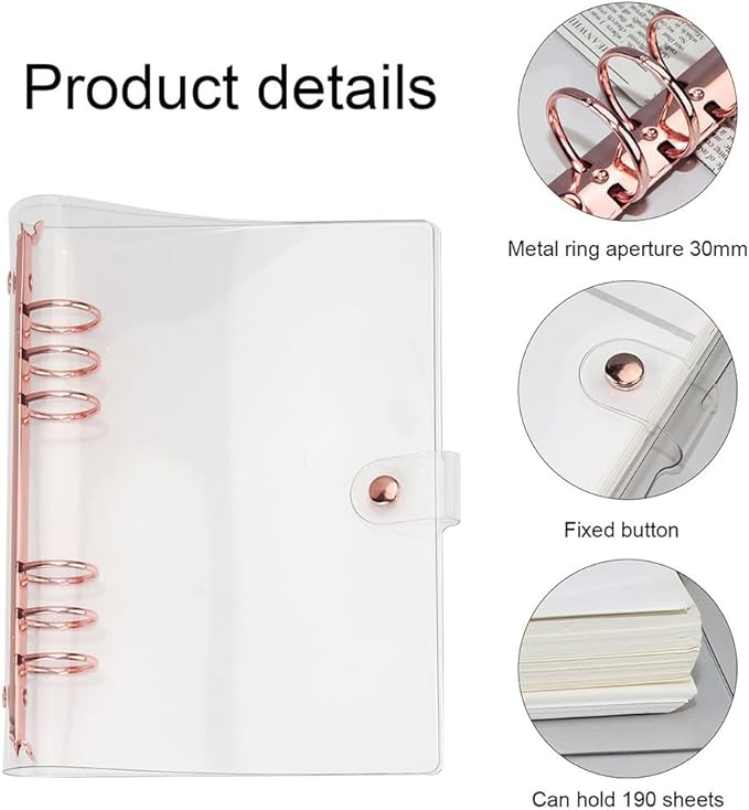 LALAFINA 3pcs Rose Gold Hand Book 6- Ring Binder Covers A5 Transparent Binder Cover Binder Cover Snap Button Clear Journal Binder Cover A5 Binders Students Supplies The Album Loose Leaf PVC