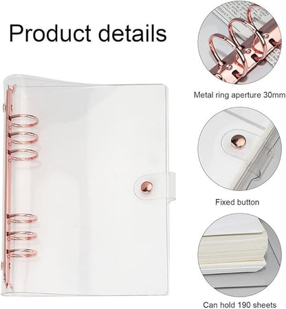 LALAFINA 3pcs Rose Gold Hand Book 6- Ring Binder Covers A5 Transparent Binder Cover Binder Cover Snap Button Clear Journal Binder Cover A5 Binders Students Supplies The Album Loose Leaf PVC