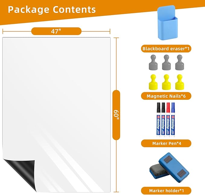 Dry Erase Adhesive Whiteboard Paper, 47" x 60" Stick on Magnetic Contact White Board Sticker on Wall for School, Office, Kitchen Fridge, Kids Drawing