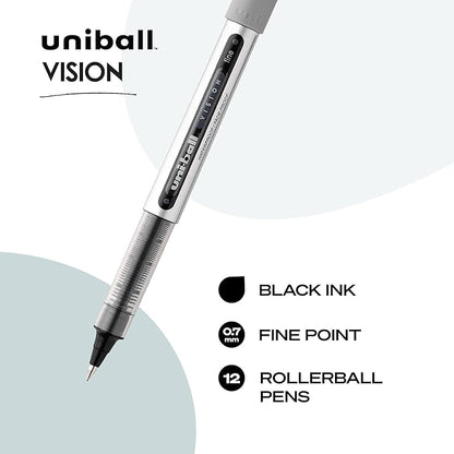 Uni-Ball Vision Rollerball Pens, Black Pens Pack of 12 - 0.7mm Fine Point Medium Black Ink - Teacher Pen, Japanese Pens, Smooth Writing Pens, Journaling Pens, School & Office Supplies