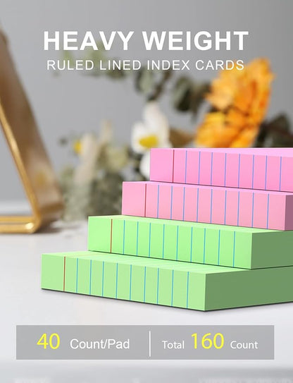 Pink Index Cards 4x6 Inch - 160 Pack, Ruled Index Flash Cards for Studying, Lined Large Pink Note Cards 4" x 6" Colorful, Heavy Colored Flashcards 4 x 6 Notecards for Office & Teaching Supplies