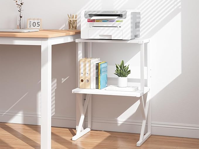 aboxoo Desktop Printer Stand with 3 Tier Wood Storage Shelves,Under Desk Printer Table,Multi-Purpose Home Office Desk Organizer for Fax Machine, Scanner (White)