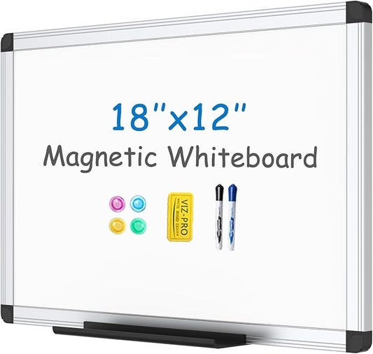 VIZ-PRO Magnetic Whiteboard/Dry Erase Board, 18 X 12 Inches, Includes 1 Eraser & 2 Markers & 4 Magnets
