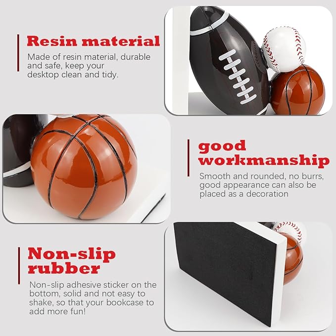 Resin Bookend Football Basketball Book Stopper Heavy Duty Bookend Modern Geometric Design for Home Library Office School Book Display
