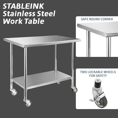 STABLEINK Stainless Steel Table with Caster Wheels 24 x 30 Inches, NSF Commercial Prep & Work Table with Adjustable Undershelf and Table Foot, for Commercial Kitchen, Restaurant, Hotel and Garage