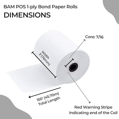 1Ply Bond Receipt Paper Rolls 3 x 150 White Paper for Kitchen Impact Printers TMU200 SRP275 Star SP700 Suitable For Printing Kitchen Tickets and Order receipts 24 Rolls Per Case