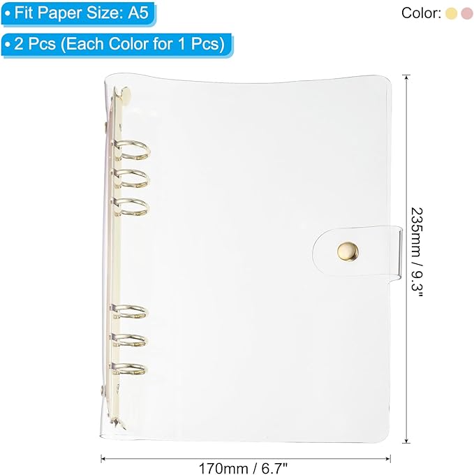 PATIKIL A5 Clear Binder Cover, 2Pcs Soft PVC Loose Leaf Binder Protector Refillable Notebook Shell with Snap Button Closure 6 Ring for DIY Meeting Notebook Folder,Gold Tone and Silver Tone